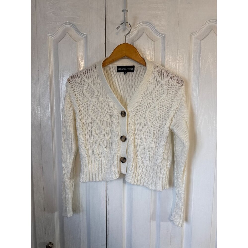 Kendall + Kylie Cardigan Women Size M Cream‎ Cable Knit Cropped V-Neck Button Up